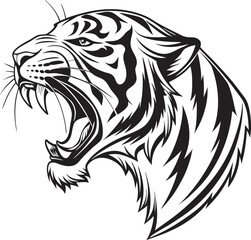 Roaring Tiger Head Tattoo-Inspired Line Art in Black and White

