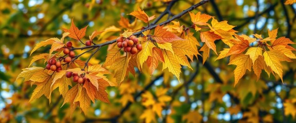 Autumnal sycamore branches laden with seeds and vibrant leaves, red, brown