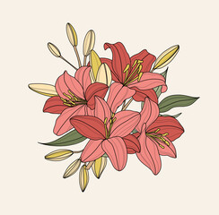 Lily Flower Line Art. Floral Frames and Bouquets Line Art. Fine Line Lilies Frames Hand Drawn Illustration. Outline Leaves and Flowers for design of card and wedding invitations.