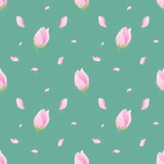 Seamless vector illustration of a floral pattern featuring pink sakura buds and scattered petals against a soft green background. Perfect for wallpapers, textiles, and design projects