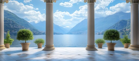 Serene Lakeside View from a Classic Colonnade
