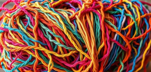 A vibrant, chaotic tangle of colorful threads and yarns wound onto a bobina, macro, craft supplies