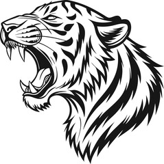 Roaring Tiger Head Tattoo-Inspired Line Art in Black and White

