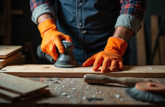 Professional craftsman sands wood plank with abrasive tool. Builder wears orange gloves, carpenter handwork with electric sander. Construction renovation repair workshop. - Powered by Adobe