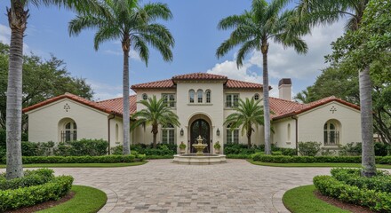 Obraz premium View of a luxurious mediterranean style house with a fountain and palm trees in the front yard