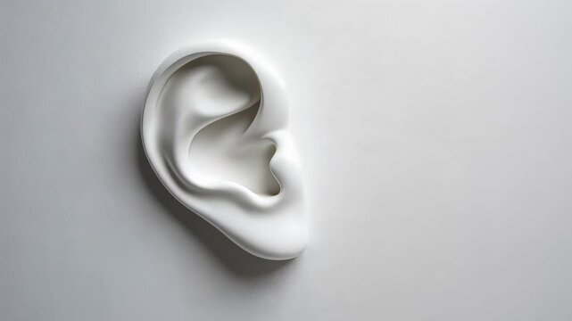 White anatomical ear model rotating slowly on a minimal white background, perfect for medical and educational presentations related to hearing and auditory health