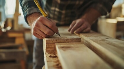 Carpenter measuring wooden beams for custom furniture construction. Featuring craftsmanship and accuracy