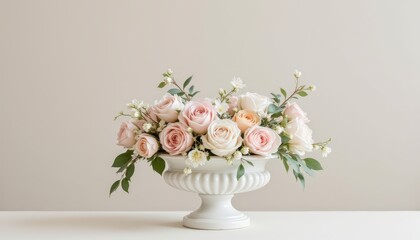 Fototapeta premium The graceful lines of the white urn complement the organic forms of the pastel flowers, creating a harmonious composition.