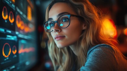 Focused woman analyzing digital data on screen