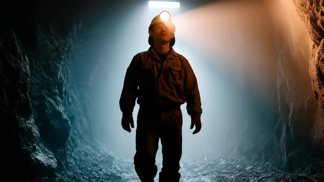 Miner Emerging from the Depths: Walk Through an Illuminated Tunnel. Full-body shot of a miner in protective clothing and headlamp walking confidently toward the camera in a misty, backlit tunnel. 
