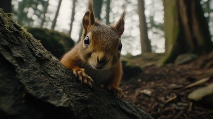 Obraz premium A curious red squirrel peers from behind a weathered log in a forest.