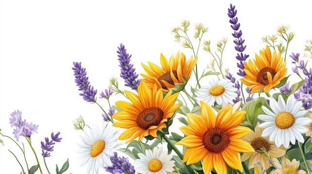 Beautiful Watercolor Painting Depicting Various Flower Types and Greenery