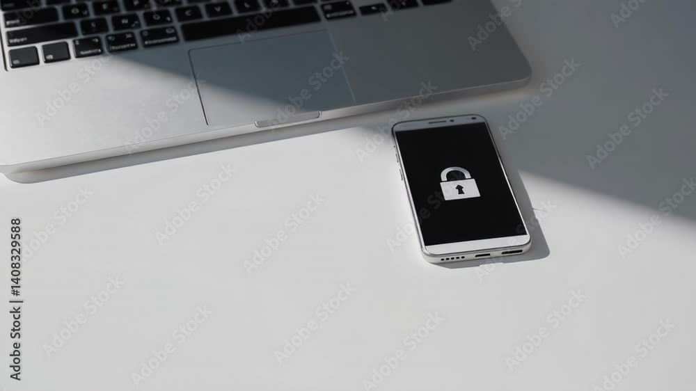 Poster Secure login concept features a smartphone displaying a lock screen icon near a laptop on a white table, suggesting data protection and digital security