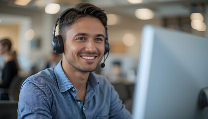 A friendly customer service representative wearing a headset smiles while working at his computer, ready to assist customers with their inquiries.