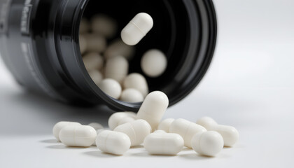 Falling white medicine pills capsule isolated on white background