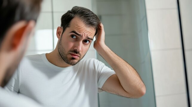 Worried man examining thinning hair in mirror, concerned about hair loss and male pattern baldness - Powered by Adobe