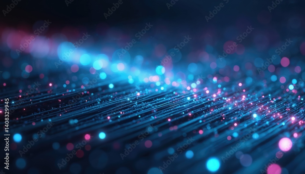 Poster abstract tech art of data transmission by fiber optic cable. glowing blue, red light dots with lines