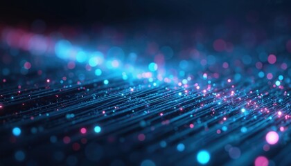 Abstract tech art of data transmission by fiber optic cable. Glowing blue, red light dots with lines, network connection, cyberspace. Communication tech, fast internet, digital information transfer.