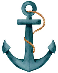 Watercolor-style teal anchor with rope on a transparent background.