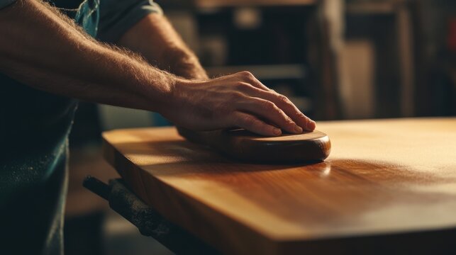 Carpenter sanding wood for a custom furniture project. Featuring craftsmanship and detail
