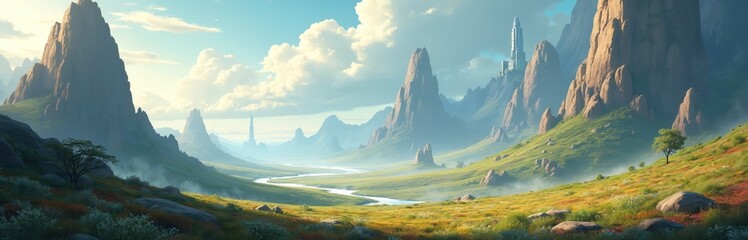 Fototapeta premium Sci-fi landscape painting features majestic mountains, futuristic city, river flows through green meadow. Fantasy world has dreamlike design, magical atmosphere with vibrant colors, inspiring visual.