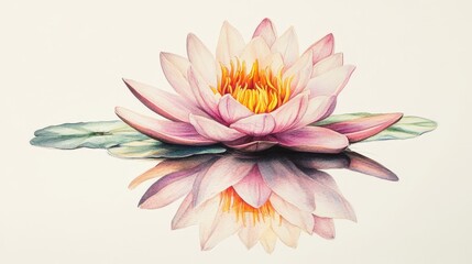 Watercolor painting depicting a beautiful pink water lily with reflection