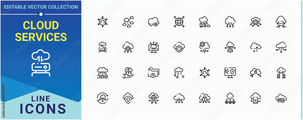 Poster cloud services vector icon set. cloud computing line icon set. networking outline symbol collection.