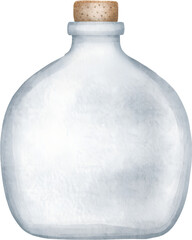 Watercolor glass bottle with cork stopper on a transparent background.