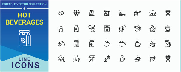 Hot Beverages icon set. Contain linear sign espresso, drink, beverage, cafes, breakfast, bean and more. Coffee And Tea icon pack. Minimalist linear icons. Editable stroke.