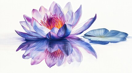 A beautiful water lily flower reflected in tranquil water perfectly