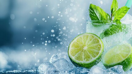   A glass of water with a lime and mint garnish close-up