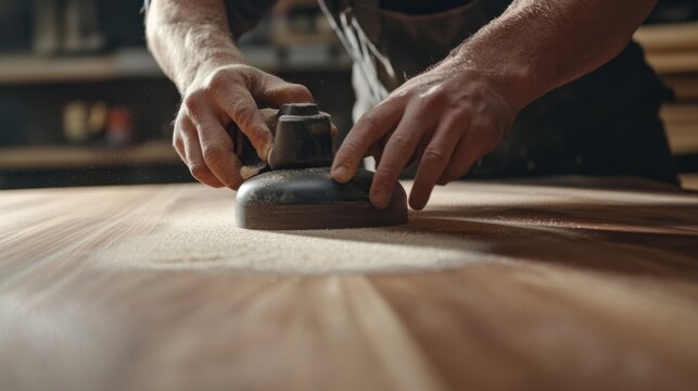 Carpenter sanding wood surface for a custom table design. Featuring precision and craftsmanship