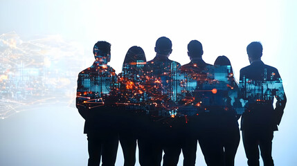 Silhouette of Business Team Over City Lights representing Collaboration and Success in Corporate Environment