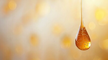  A droplet dangles from a water hook against a yellow-white backdrop with soft light boke