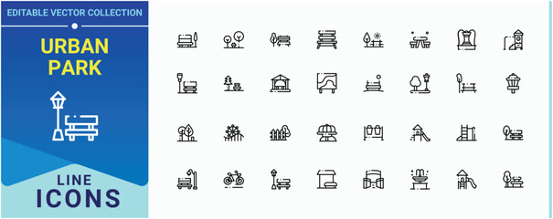 Urban Park icon. Contain linear symbols town, city, cityscape, landscape, land, house, urban and more. City Park line icon. Vector icons collection. Editable vector stroke.
