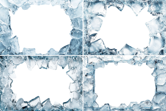 Set of ice frames with frosted edges, isolated on transparent cutout background