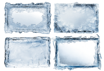 Set of frosted rectangular ice frames with textured edges, isolated on a transparent cutout background