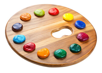 Wooden artist s palette with samples of paints isolated on white background PNG