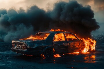 A car engulfed in flames stands abandoned in a desolate landscape at dusk. Thick plumes of smoke billow into the sky, creating a dramatic atmosphere as the fire consumes the vehicle