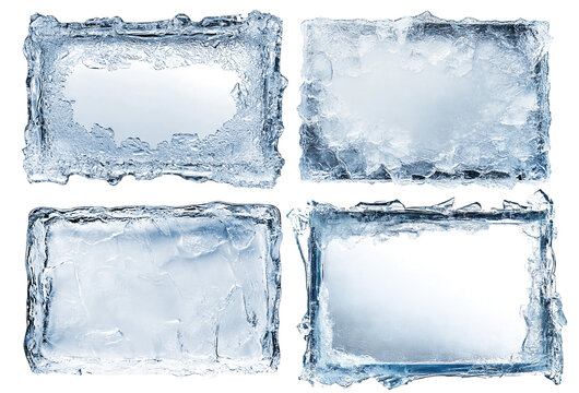 Set of frosted rectangular ice frames with textured edges, isolated on a transparent cutout background