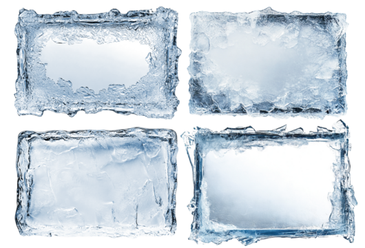 Set of frosted rectangular ice frames with textured edges, isolated on a transparent cutout background