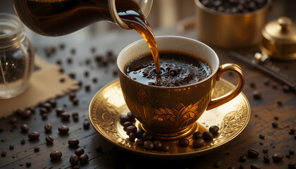 Pouring Dark Rich Coffee into Luxurious Golden Cup