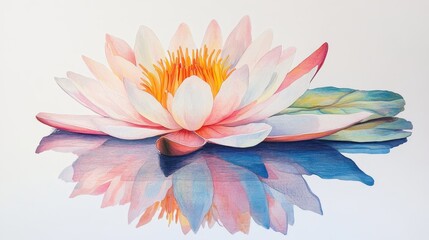 A delicate water lily, its reflection serene, in vibrant pastel hues.