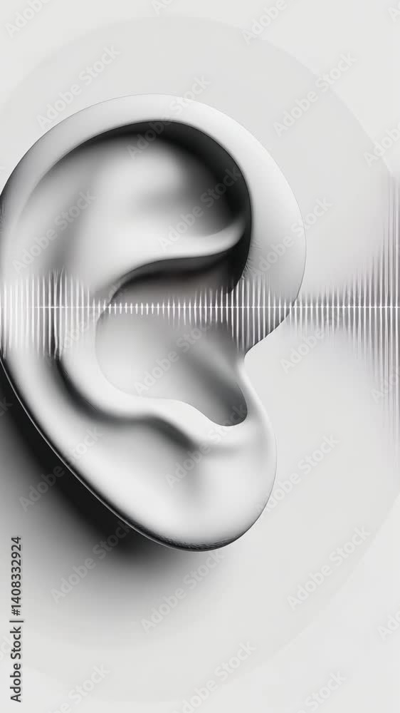 Poster Sound waves entering detailed ear model, visualizing complex auditory perception mechanics through precise 3d medical animation revealing intricate sound reception process against white background