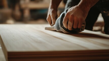 Carpenter sanding wooden panels in a workshop. Featuring craftsmanship and focus