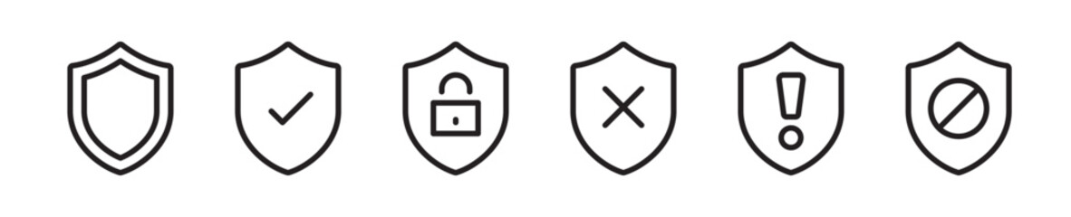 Safety protection shield flat outline icons set vector illustration. Isolated on transparent background. Editable stroke, pixel perfect