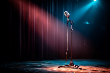 Empty Stage Microphone Spotlight Curtain Karaoke Comedy Talent Background  
