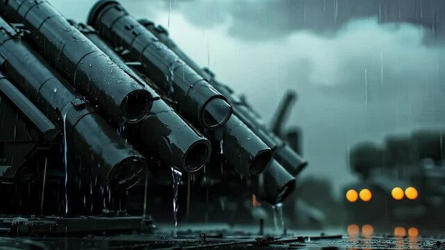 Military Rocket Launcher System in Rainy Weather