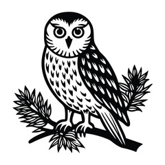 perched snowy owl on pine branch in tattoo style.