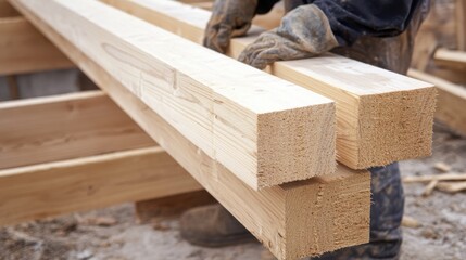 Carpenter shaping wooden beams for roof installation. Featuring craftsmanship and attention to detail